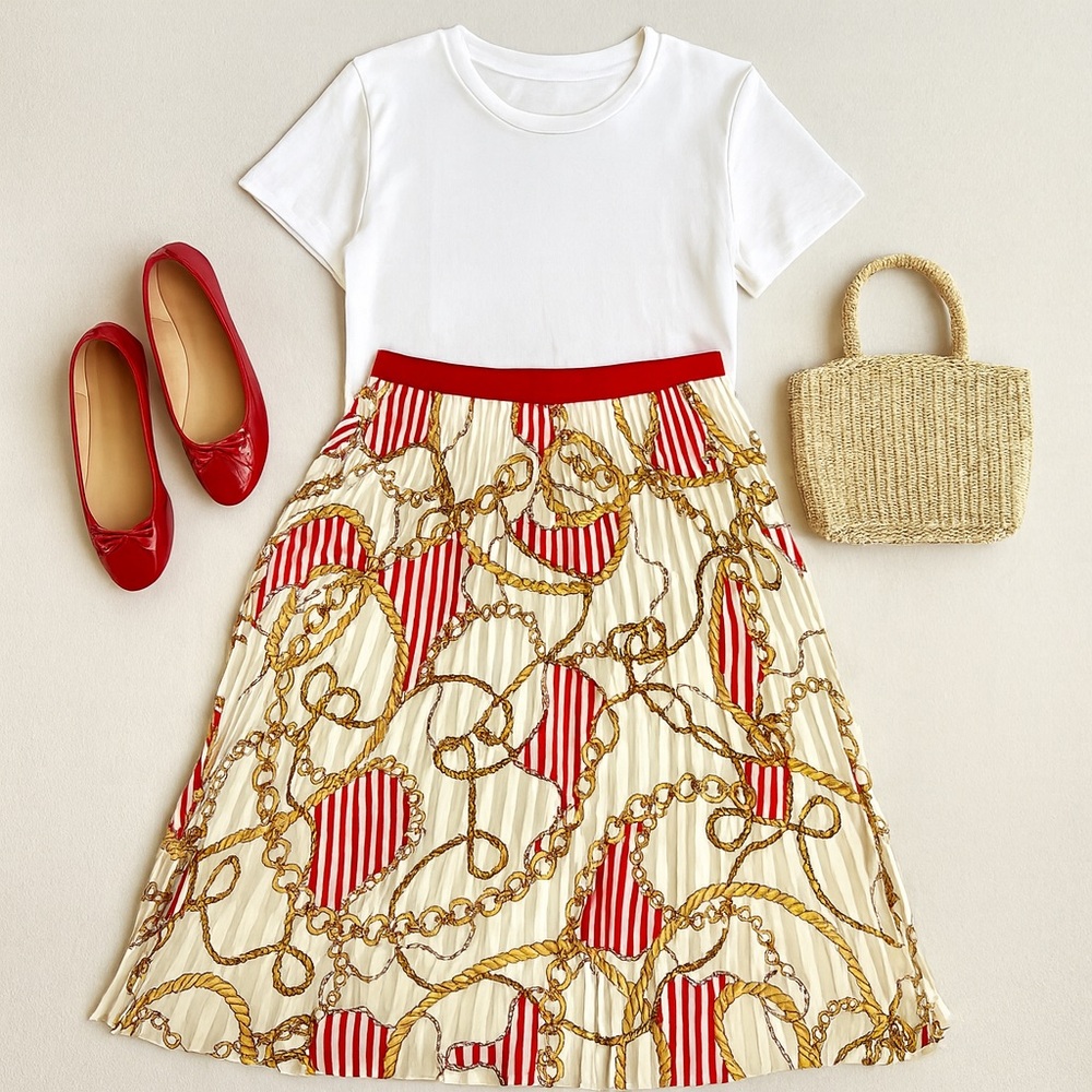 Aritzia Babaton Red and Gold Chain Print pleated A-Line Skirt